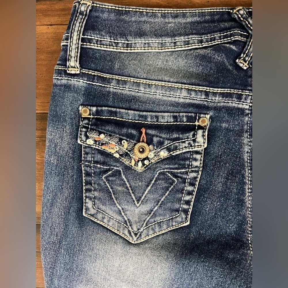 Hydraulic Floral Cuff Cropped Jeans Embroidered Pocket Stretch Denim - Size 6 - Picture 10 of 11